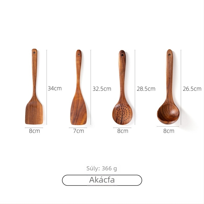 Akácfa kanál- és spatula készlet tapadásmentes serpenyőkhöz, magas hőállóságú, égésálló, kampó kialakítás, fa nyéllel