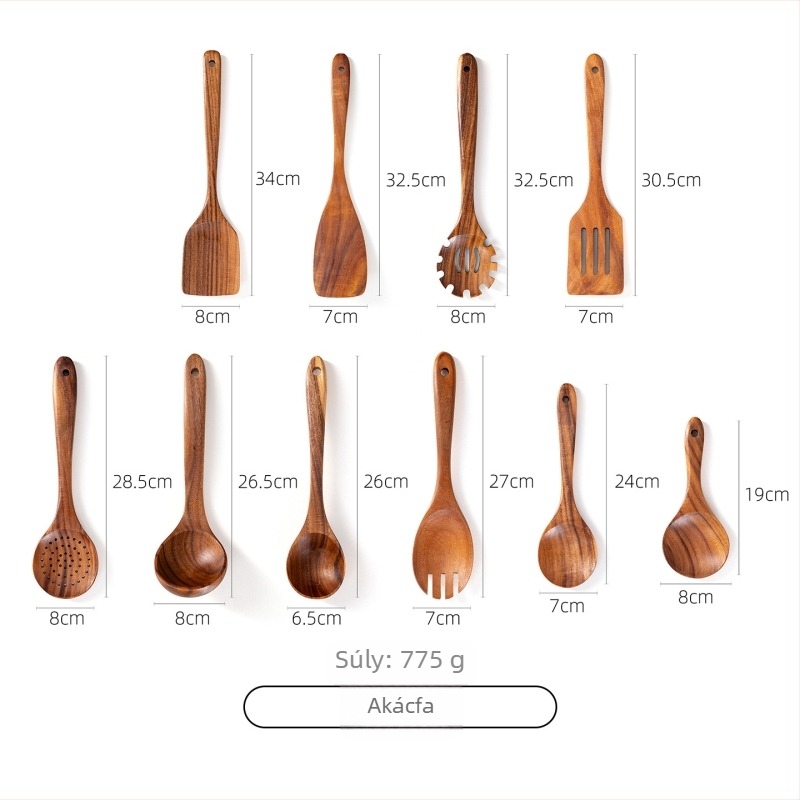 Akácfa kanál- és spatula készlet tapadásmentes serpenyőkhöz, magas hőállóságú, égésálló, kampó kialakítás, fa nyéllel