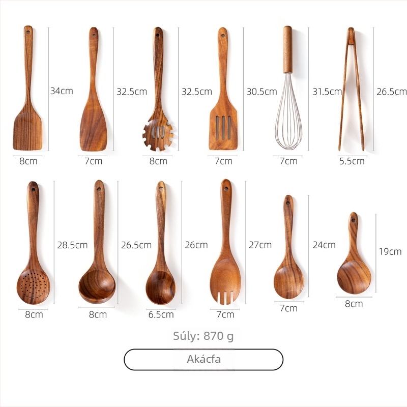 Akácfa kanál- és spatula készlet tapadásmentes serpenyőkhöz, magas hőállóságú, égésálló, kampó kialakítás, fa nyéllel