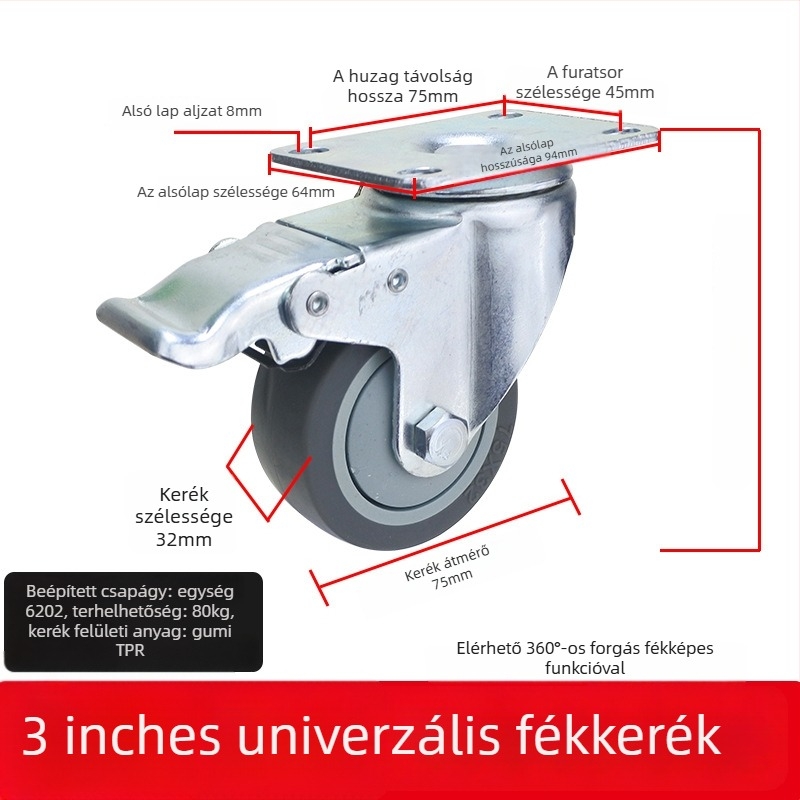 Univerzális kerék sík lemezhez, hangtalan irányított görgővel, TPR gumi