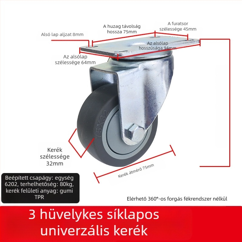 Univerzális kerék sík lemezhez, hangtalan irányított görgővel, TPR gumi