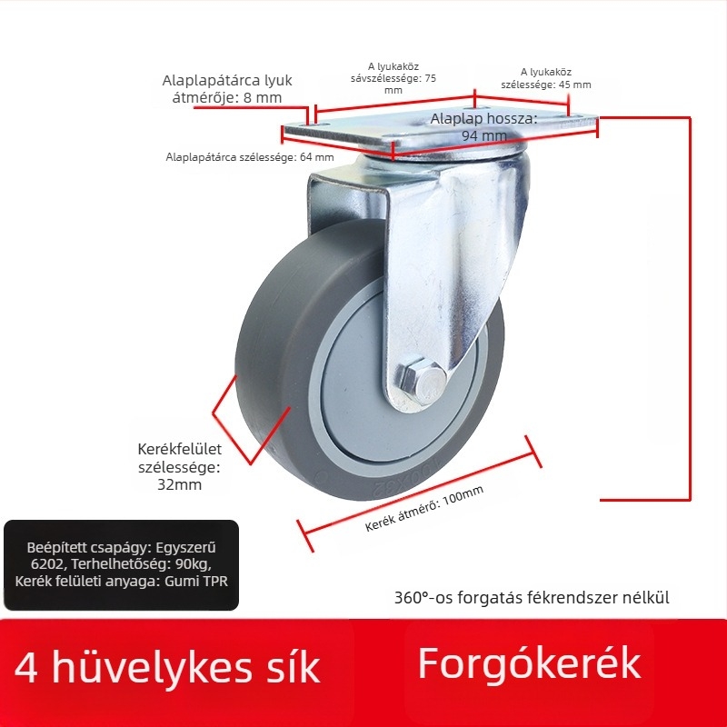 Univerzális kerék sík lemezhez, hangtalan irányított görgővel, TPR gumi