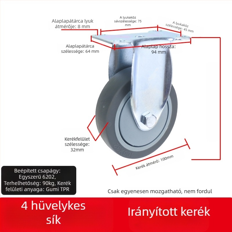 Univerzális kerék sík lemezhez, hangtalan irányított görgővel, TPR gumi