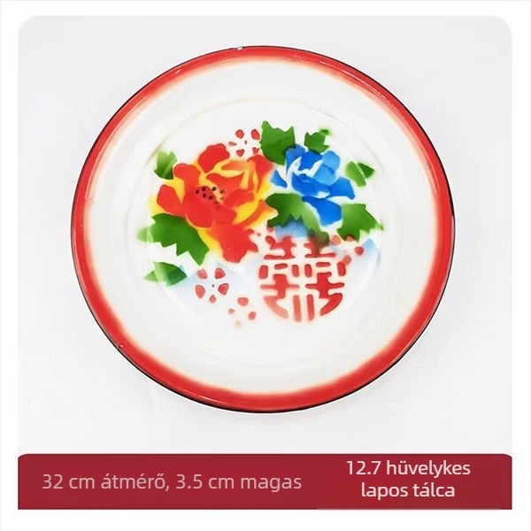 Emailezett lapos tál, kerek, egyszínű minta, glazúrozott felület, modern minimalist stílus