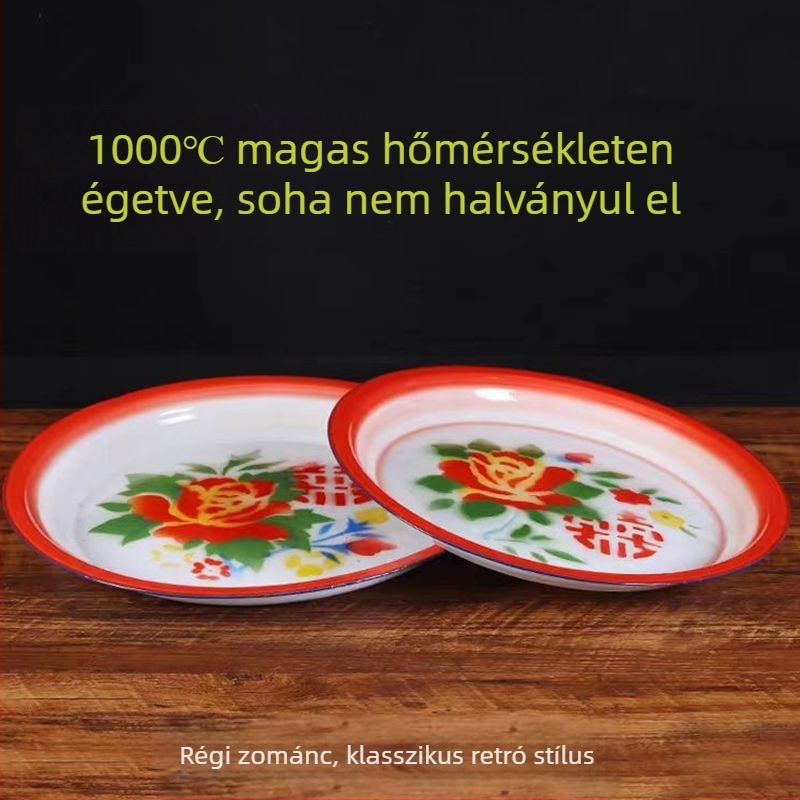 Emailezett lapos tál, kerek, egyszínű minta, glazúrozott felület, modern minimalist stílus