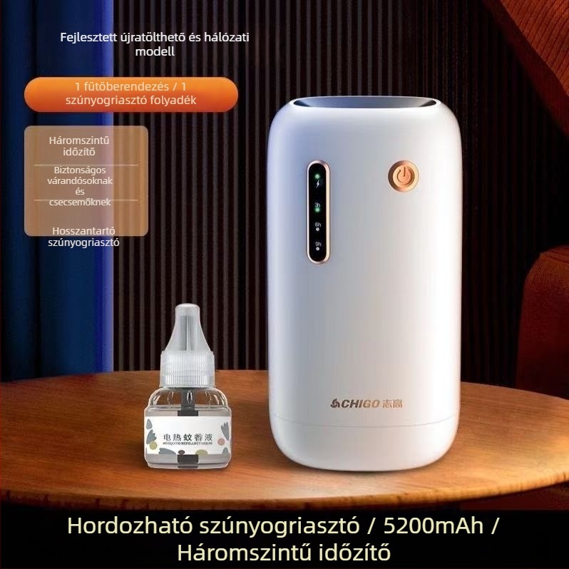 USB-töltésű vezeték nélküli szúnyoggyilkos beltéri és kültéri használatra, modell Chigo LBH107, LED világítás, 21–30㎡ lefedettség, beépített akkumulátor 501–800 mAh, üzemidő 6–8 óra