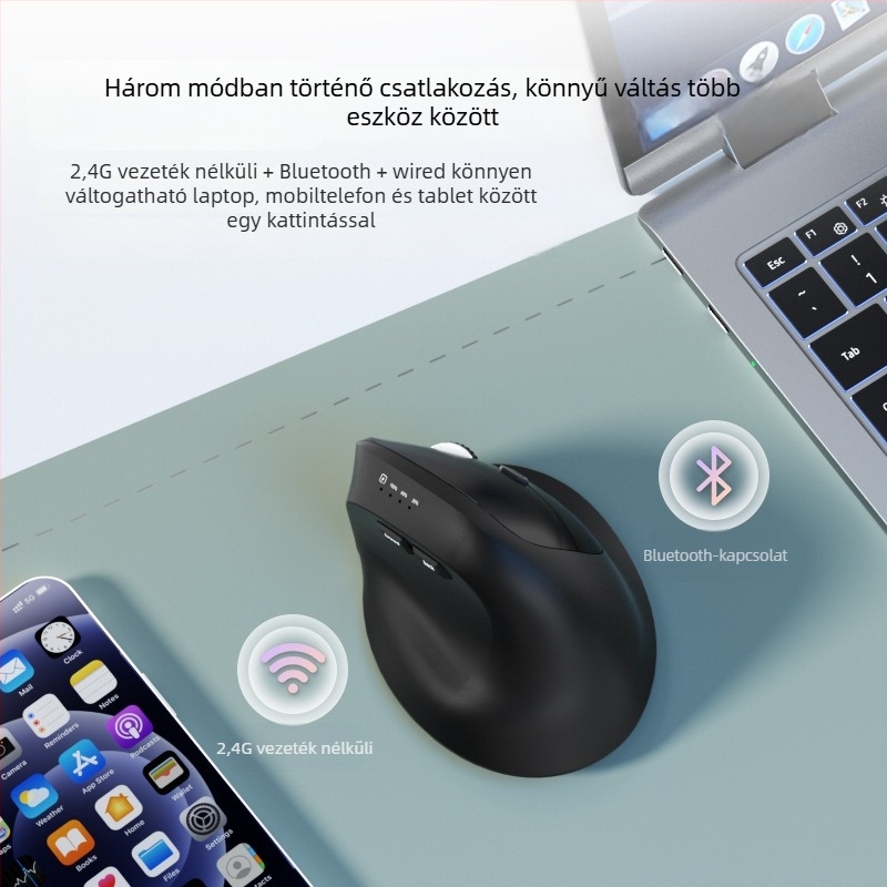 Függőleges ergonómikus vezeték nélküli egér töltéssel, három mód Bluetooth/2.4G, 1600dpi, 6 gomb