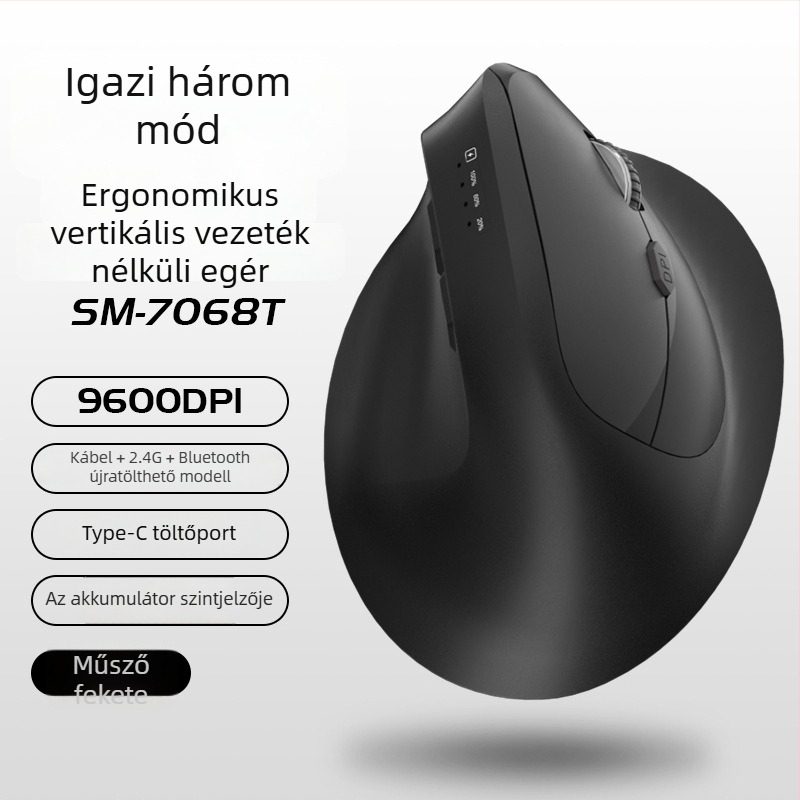 Függőleges ergonómikus vezeték nélküli egér töltéssel, három mód Bluetooth/2.4G, 1600dpi, 6 gomb
