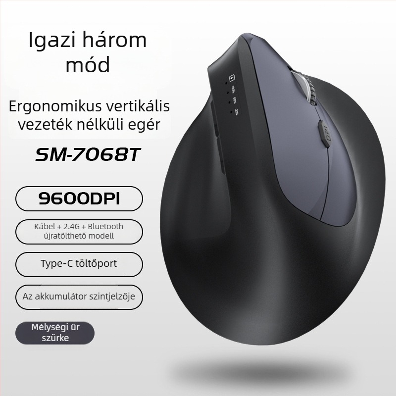 Függőleges ergonómikus vezeték nélküli egér töltéssel, három mód Bluetooth/2.4G, 1600dpi, 6 gomb