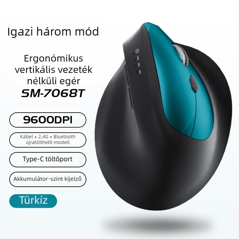 Függőleges ergonómikus vezeték nélküli egér töltéssel, három mód Bluetooth/2.4G, 1600dpi, 6 gomb