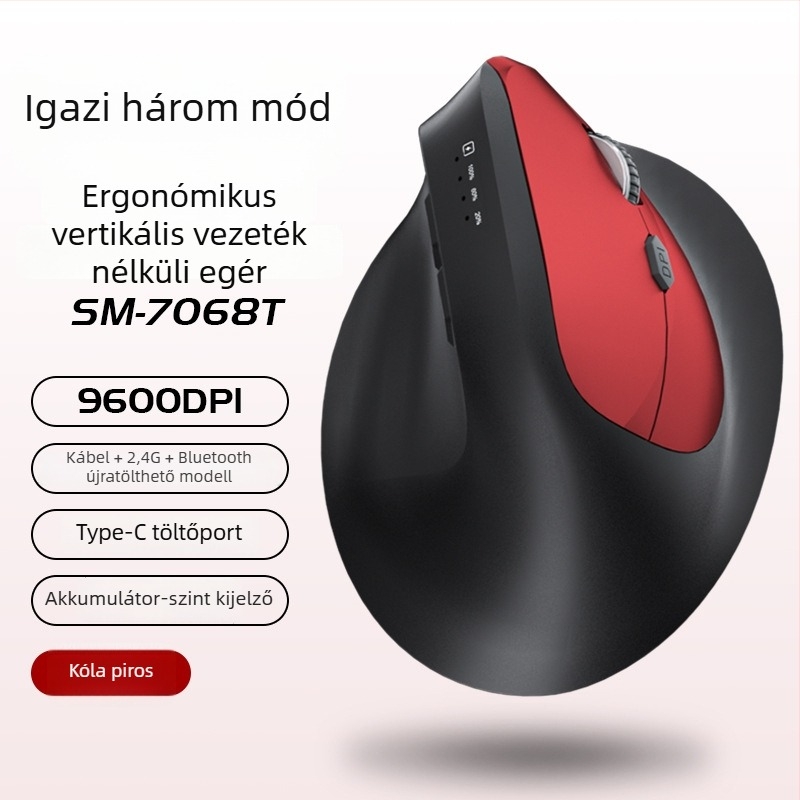 Függőleges ergonómikus vezeték nélküli egér töltéssel, három mód Bluetooth/2.4G, 1600dpi, 6 gomb