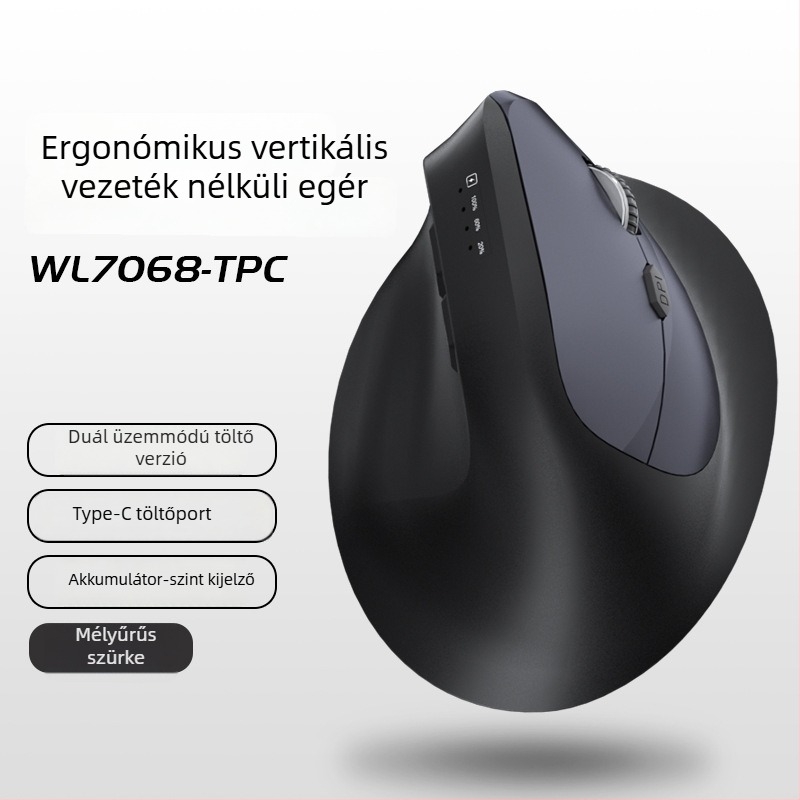 Függőleges ergonómikus vezeték nélküli egér töltéssel, három mód Bluetooth/2.4G, 1600dpi, 6 gomb