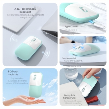Vezeték nélküli egér 2.4G+Bluetooth kapcsolattal, 1600 DPI, USB interfész, ergonikus kialakítás, 10 m működési távolság