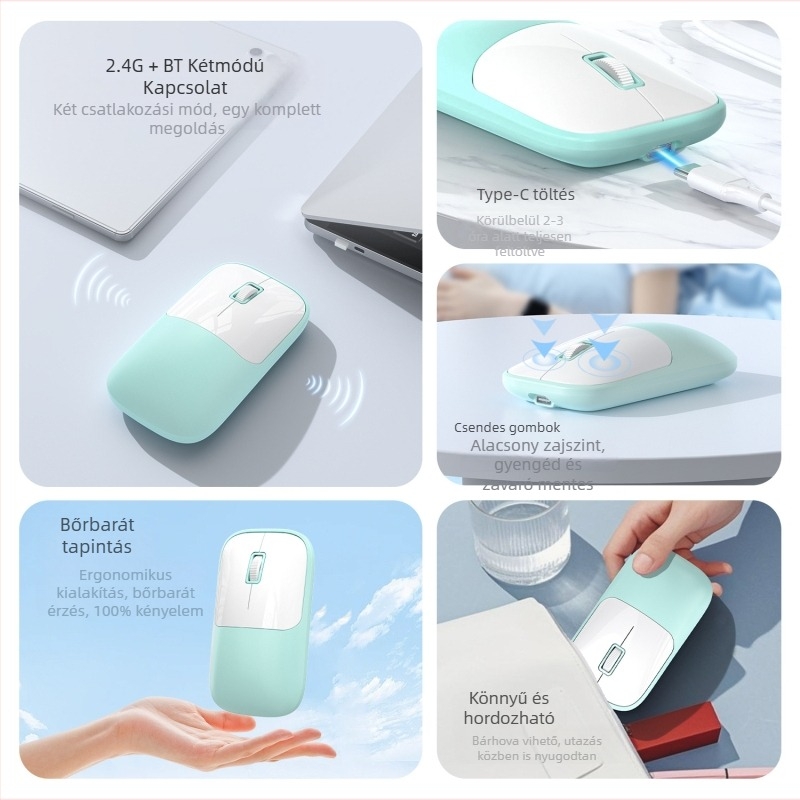 Vezeték nélküli egér 2.4G+Bluetooth kapcsolattal, 1600 DPI, USB interfész, ergonikus kialakítás, 10 m működési távolság