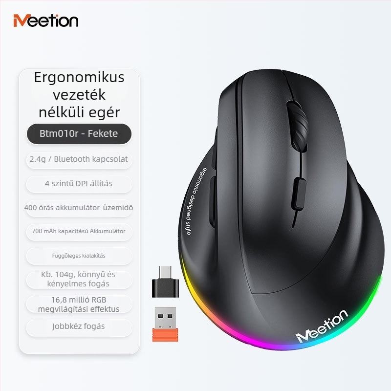 Ergonomikus függőleges vezeték nélküli egér duális töltéssel, 2400 DPI, 6 gomb, 2.4G/Bluetooth, bal- vagy jobbkezes használathoz, kompatibilis asztali számítógéppel, laptopokkal és tablettákkal