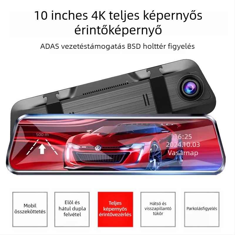 4K előre-hátul kettős felvételt rögzítő autós kamera, Wi‑Fi, visszapillantóba szerelhető, háromlencsés rendszer