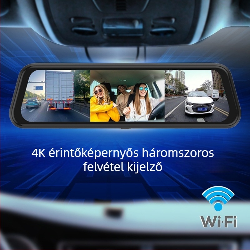 4K előre-hátul kettős felvételt rögzítő autós kamera, Wi‑Fi, visszapillantóba szerelhető, háromlencsés rendszer