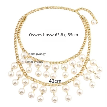 Többsoros műgyöngyös nyaklánc bojtokkal, víz-hullám mintázatú lánccal, csepp alakú dizájn, medál vasötvözetből (Imitation pearls; Water-wave chain; Multi-layer; Drop shape; Iron alloy)