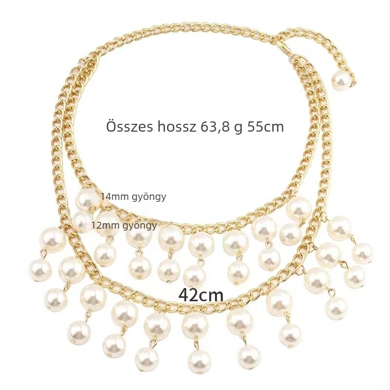 Többsoros műgyöngyös nyaklánc bojtokkal, víz-hullám mintázatú lánccal, csepp alakú dizájn, medál vasötvözetből (Imitation pearls; Water-wave chain; Multi-layer; Drop shape; Iron alloy)