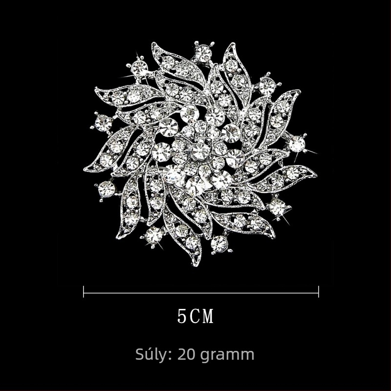 Ötvözetből készült hópehely-virág rhinestone brooch, elektropolírozott kivitel, kiegészítő sálhoz és corsage-hez