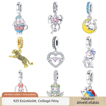 Ezüstözött nyaklánc macska, angyal és leopárd formákkal; elektroplatírozás; rajzfilm stílus, friss és édes