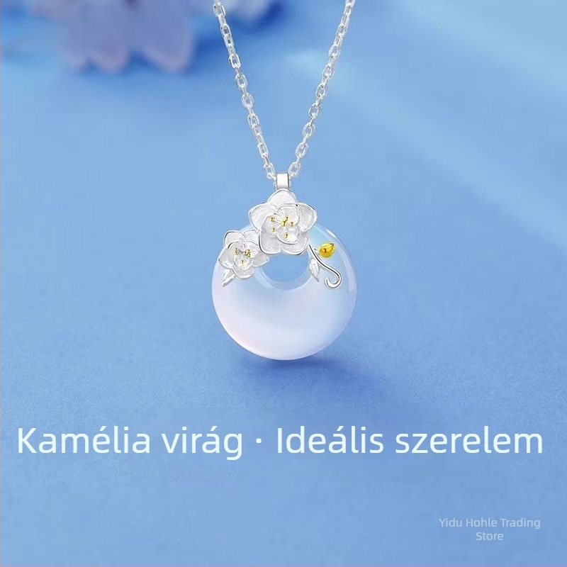 Holler 999 ezüst chalcedon camellia medálos nyaklánc, kézzel készített keresztlánccal, uniszex