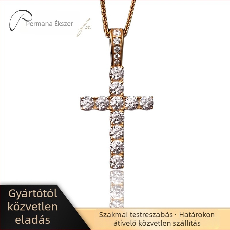 Kereszt medálos nyaklánc, geometriai forma, réz-zirkóniával, elektroplátolt felülettel