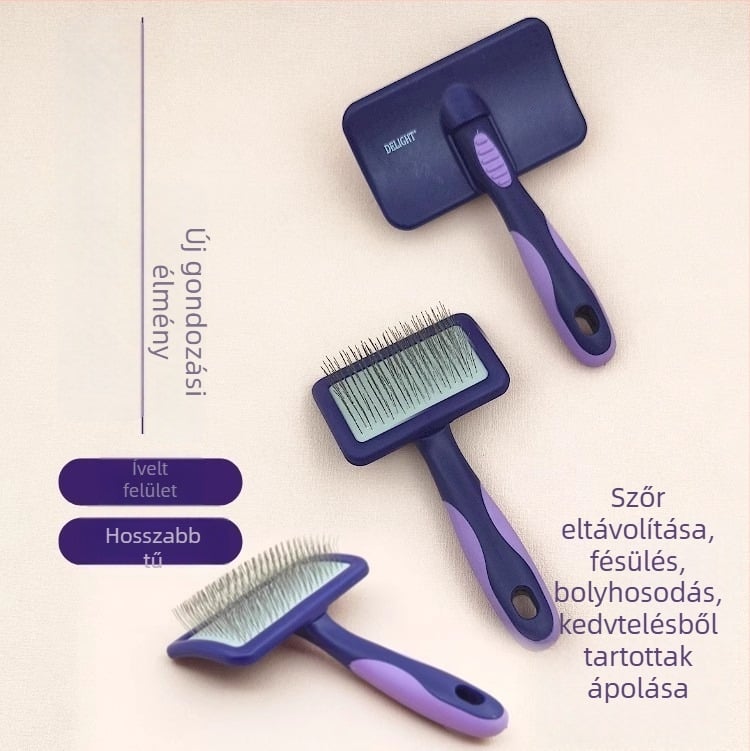 Deshedding tűs fésű kutyáknak és macskáknak, görbült felülettel, rozsdamentes acél tűk, műanyag fogantyú
