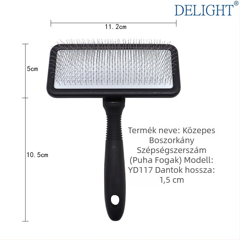 Deshedding tűs fésű kutyáknak és macskáknak, görbült felülettel, rozsdamentes acél tűk, műanyag fogantyú