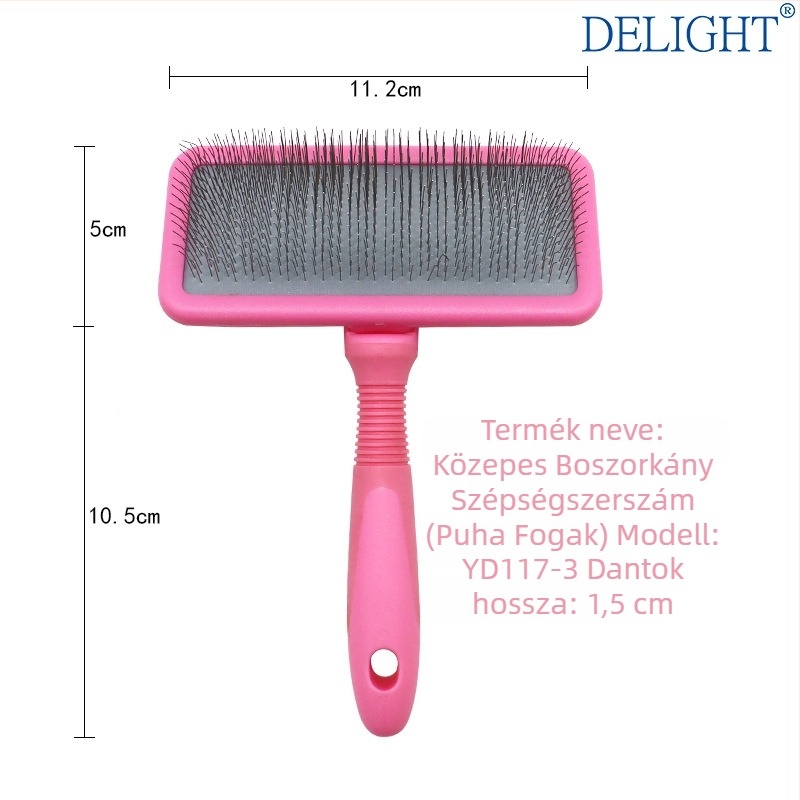 Deshedding tűs fésű kutyáknak és macskáknak, görbült felülettel, rozsdamentes acél tűk, műanyag fogantyú