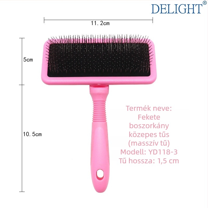 Deshedding tűs fésű kutyáknak és macskáknak, görbült felülettel, rozsdamentes acél tűk, műanyag fogantyú