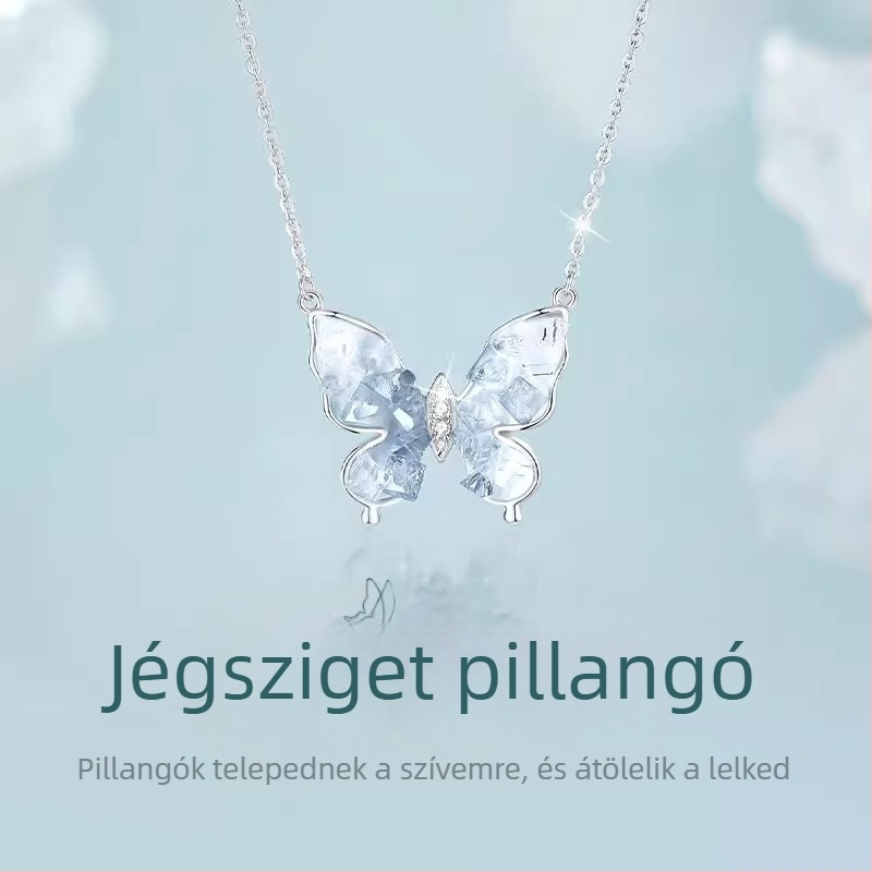 S925 ezüst pillangó nyaklánc cirkóniával, kereszt lánccal, többszintű dizájn nőknek