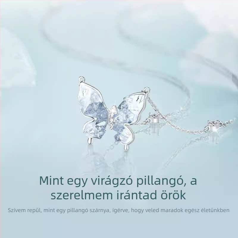 S925 ezüst pillangó nyaklánc cirkóniával, kereszt lánccal, többszintű dizájn nőknek