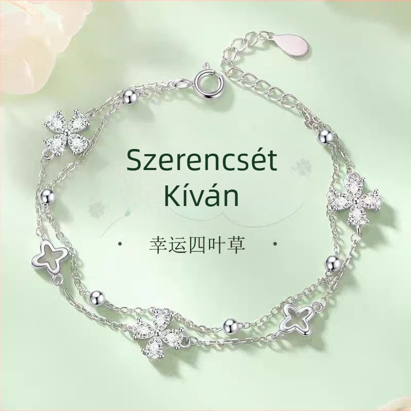 Réz anyagú karkötő négylevelű lóhere mintával, női koreai stílus, geometriai design, friss és édes esztétika