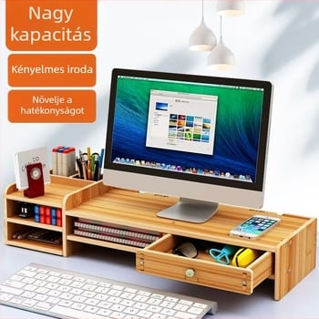 Fából készült monitoremelő állvány íróasztalhoz tárolópolccal