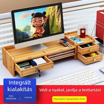 Fából készült monitoremelő állvány íróasztalhoz tárolópolccal