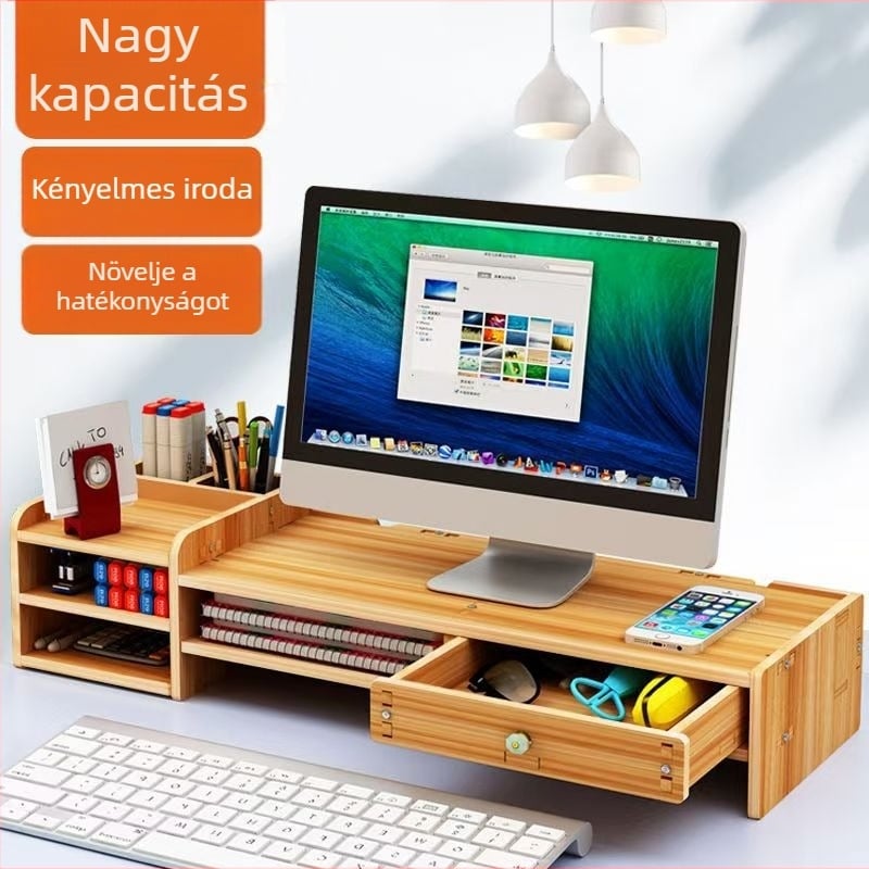 Fából készült monitoremelő állvány íróasztalhoz tárolópolccal