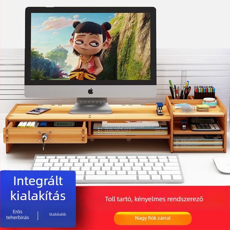 Fából készült monitoremelő állvány íróasztalhoz tárolópolccal