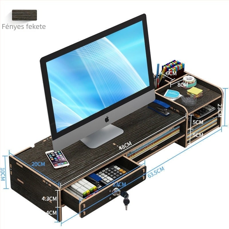 Fából készült monitoremelő állvány íróasztalhoz tárolópolccal