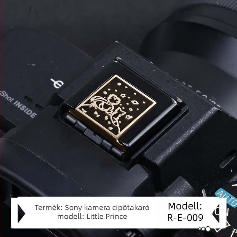 Sony Alpha fényképezőgépekhez készült forró cipő sapka, sárgaréz gravírozással, modell R-E, záró gomb-kiegészítő