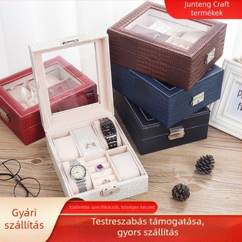PU bőr óradoboz gyík-textúrával, 4 rekesz, zárható, hajtogatott fedél, modell JT511