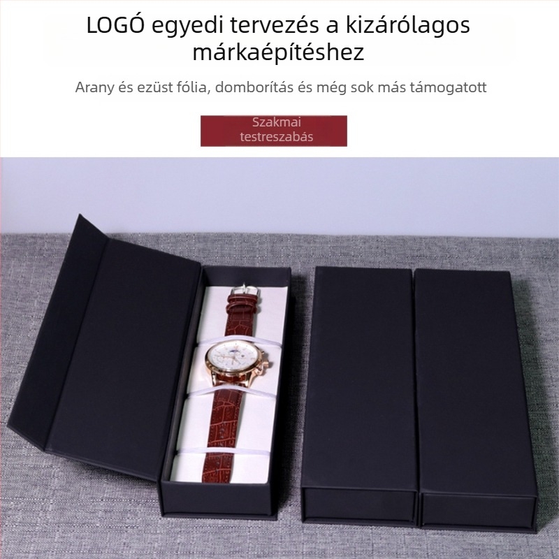 Mágneses flip óratartó doboz, PU karton anyag, ékszer ajándékcsomagolás, modell JL006, Junyu, aranyozott szitanyomás