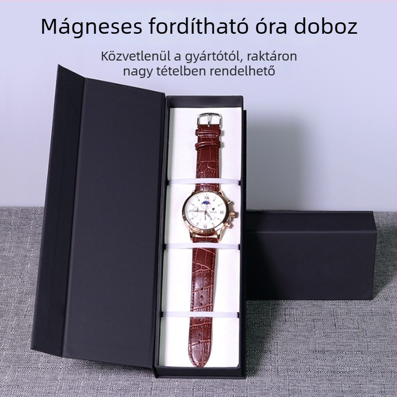 Mágneses flip óratartó doboz, PU karton anyag, ékszer ajándékcsomagolás, modell JL006, Junyu, aranyozott szitanyomás