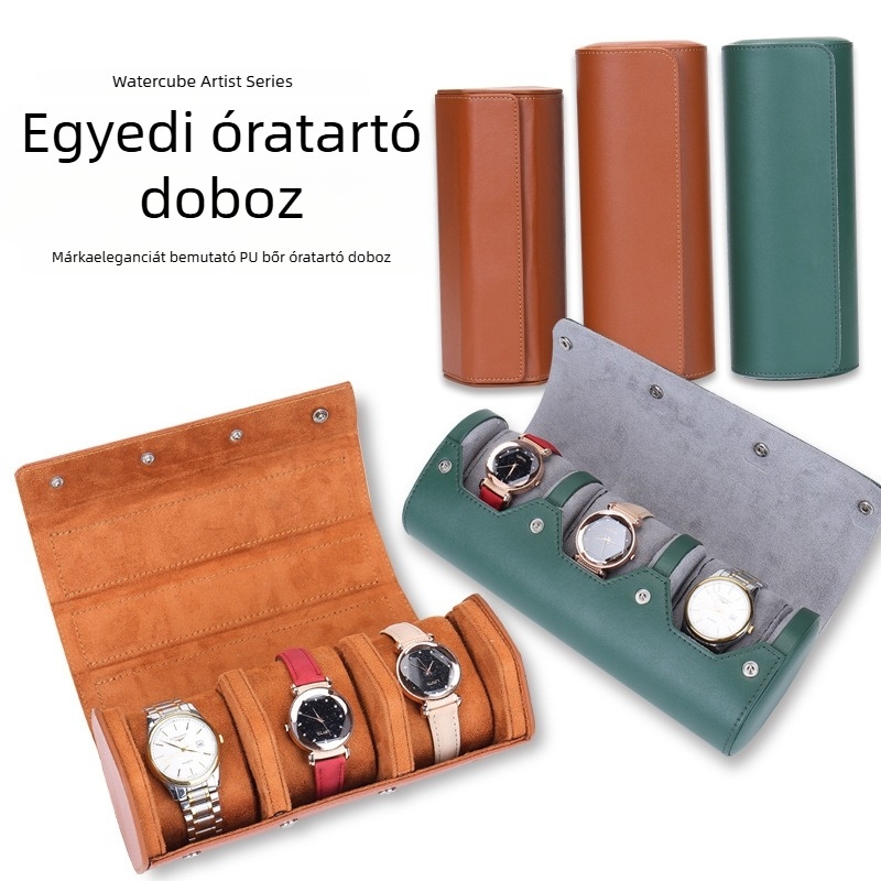 Három rekeszű, hengeres bőrtok óra- és ékszertároláshoz, három darabos készlet, logó testreszabása