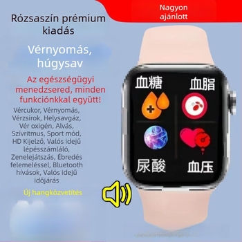Egészségfigyelő okosóra nem invazív glikézisszint- lipid- vérnyomás- pulzus- és húgysavnyomon követéssel; Bluetooth hívások; négyszögletes TFT kijelző; alumíniumötvözet ház; sportos silikonos szíj