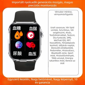 Egészségfigyelő okosóra nem invazív glikézisszint- lipid- vérnyomás- pulzus- és húgysavnyomon követéssel; Bluetooth hívások; négyszögletes TFT kijelző; alumíniumötvözet ház; sportos silikonos szíj