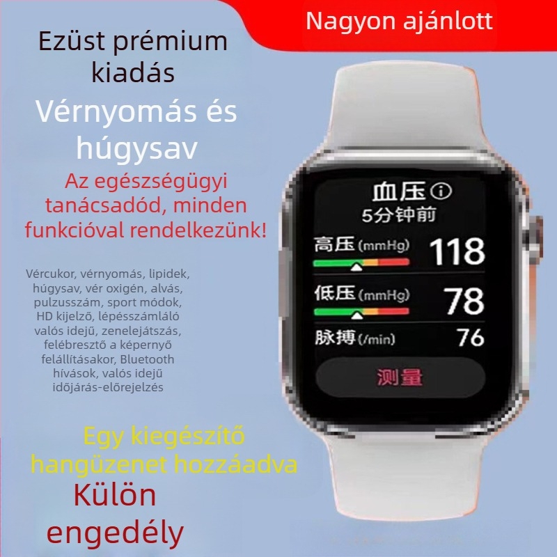 Egészségfigyelő okosóra nem invazív glikézisszint- lipid- vérnyomás- pulzus- és húgysavnyomon követéssel; Bluetooth hívások; négyszögletes TFT kijelző; alumíniumötvözet ház; sportos silikonos szíj