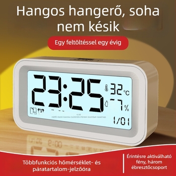 Álló ébresztőóra általános iskolásoknak: hangos ébresztés, újratölthető energiaforrás, okos éjjeli világítás, hőmérséklet- és páratartalom kijelző, heti és havi kijelző.