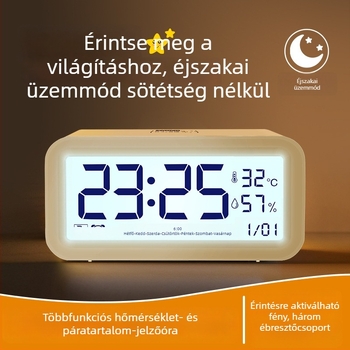 Álló ébresztőóra általános iskolásoknak: hangos ébresztés, újratölthető energiaforrás, okos éjjeli világítás, hőmérséklet- és páratartalom kijelző, heti és havi kijelző.