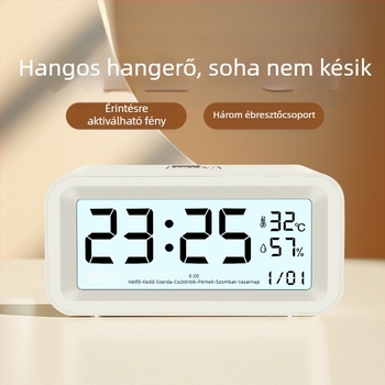 Álló ébresztőóra általános iskolásoknak: hangos ébresztés, újratölthető energiaforrás, okos éjjeli világítás, hőmérséklet- és páratartalom kijelző, heti és havi kijelző.